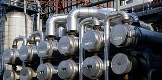 A photo of some stacked heat exchangers.
