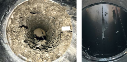 Fig. 1. A fouling test on M-A-P formation (5 months operation) – no coating (left) and DLC coating (right)