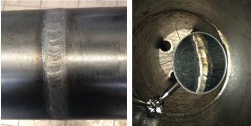» Fig. 7. Weld inspection of coated carbon steel tube – outer side (left) and inner side (right).