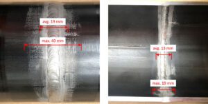 » Fig. 8. Typical damaged zone of stainless steel sample – outer side (left) and inner side (right).