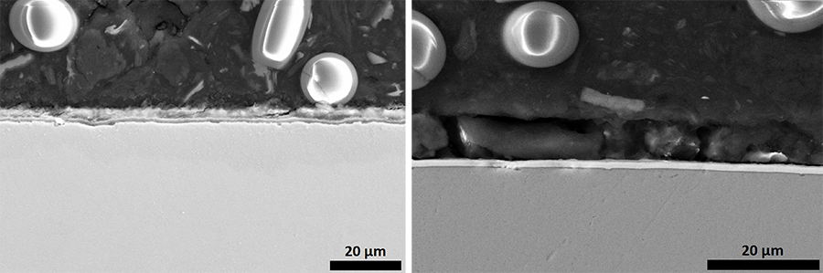 Scanning Electron Microscope (SEM) image of tested samples. On the left side is a carbon steel substrate and on the right side is Amorphous 1 coated on stainless steel.