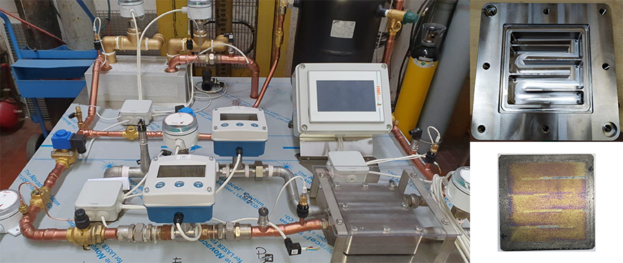 The image on the left is the experimental setup. The test rig is ﬁ tted with temperature, ﬂ ow, and pressure sensors and the data was used to calculate the heat transfer coefﬁ cient of tested materials. On the right side is the heat exchanger where a plate is place into the slot as shown. During the test, a working ﬂ uid ﬂ ows on one side and a geothermal brine on the other side.