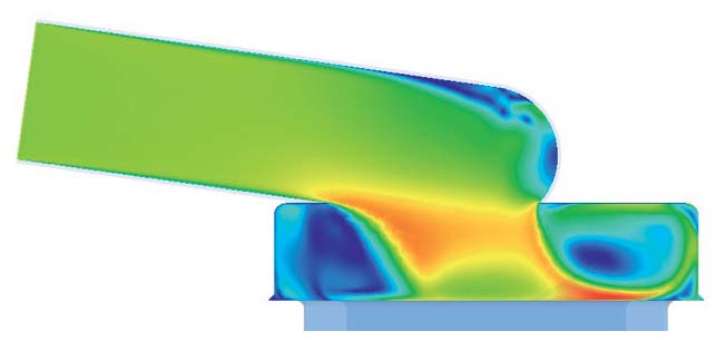 Figure 1. An image of a manifold simulation. No flow optimisation of the manifold was carried out as part of this case study, hence the less than optimal flow distribution into the cartridge. With proper CFD effort, better flow distributions can be obtained.