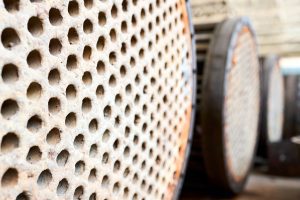 Row of industrial heat exchangers.