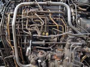 Jet engine tubing and layers of mechanical parts.