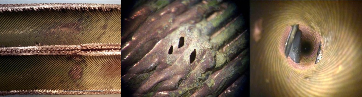 Figure 2. Overvelocity damage in copper tubes of a chiller condenser. Note how the presence of the fragment of plastic