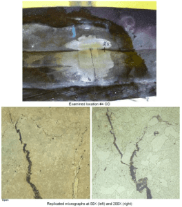 Figure 5. Cross section view of crack through the thickness (top). Replica test image at magnificationof 50x (bottom left) and 200x (bottom right) showing crack propagation in intergranular manner.