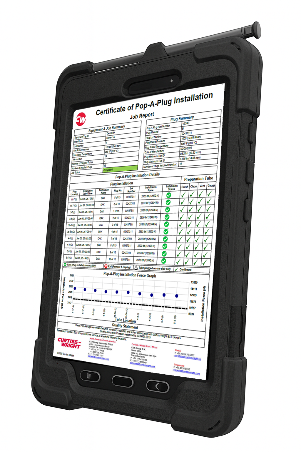 tablet-report-cover-screen Reports include plug location, installation graphs, plug lot numbers, installer identification, timestamps, and captured images.
